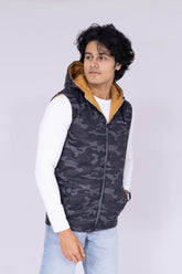 Army print & Ochre Yellow reversible sleeveless puffer jacket